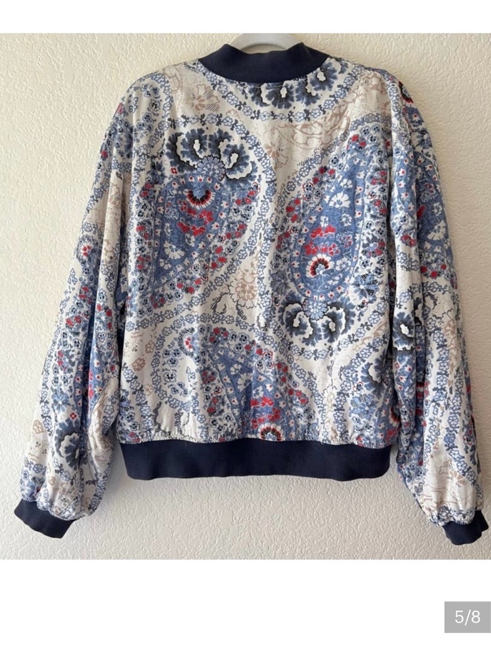 Free People Blue Paisley Bomber Jacket with Navy Trim - Picture 4 of 7